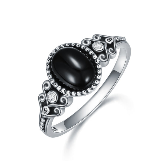 925 Sterling Silber Vintage oxidierter schwarzer Onyxring für Damen