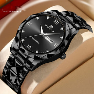 Men's Tungsten Steel Waterproof Quartz Double Calendar Watch