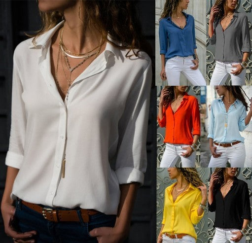 Women's Long Sleeve  Lapel Button Shirt