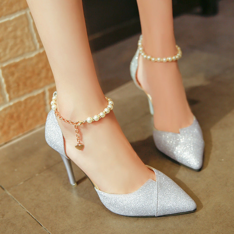 women pumps pearl bead High Heels shoes sequined bling shoes 10CM party Shoes Woman sandals golden silver point shoes