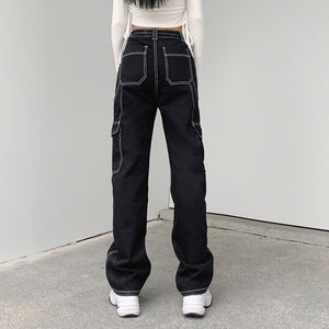 Women's Black Retro Jeans with High Waist and  Multi-Pockets