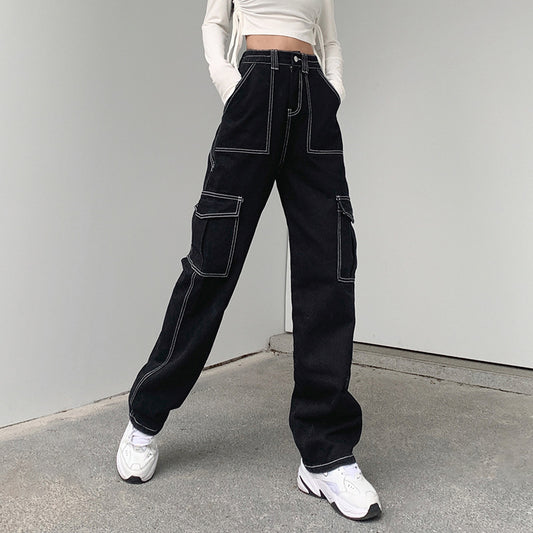 Women's Black Retro Jeans with High Waist and  Multi-Pockets