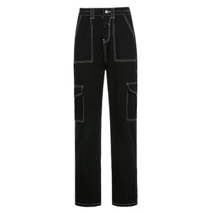 Women's Black Retro Jeans with High Waist and  Multi-Pockets