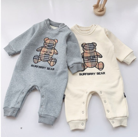 Plaid Baby Rompers for Boys and Girls with Bear Design