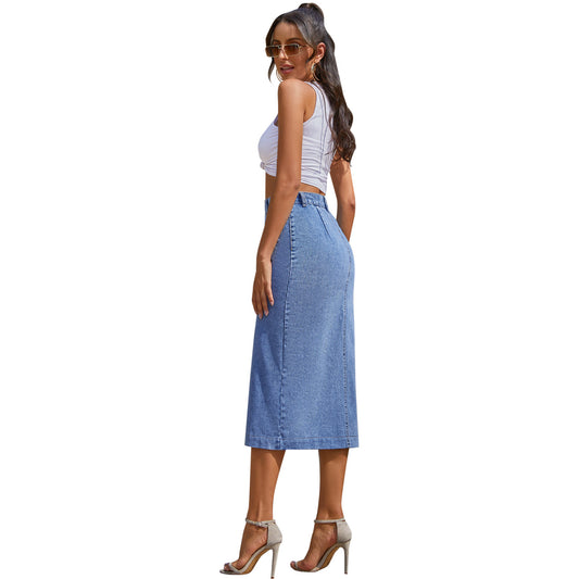 Women's Denim Skirt With High Belt and Asymmetrical Slit