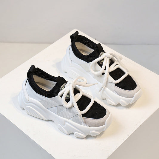 Zapatos informales transpirables con superficie de malla para mujer, zapatillas vulcanizadas con cordones a la moda, zapatillas cómodas con plataforma para mujer