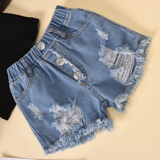 Set Of Mesh Sleeved Blouse And Denim Shorts