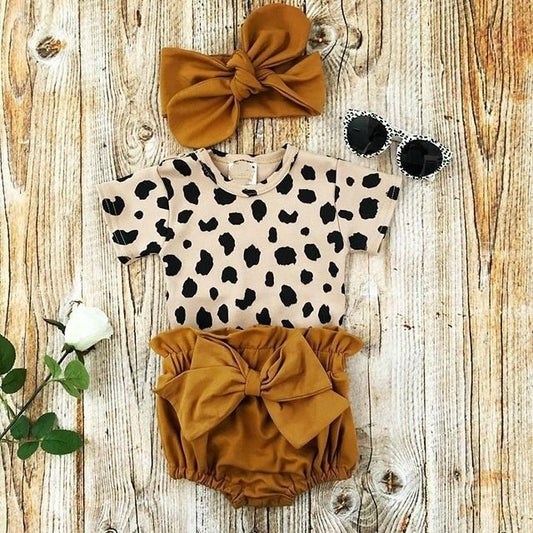 Baby Short Sleeve Romper Tops with Bow Shorts Set