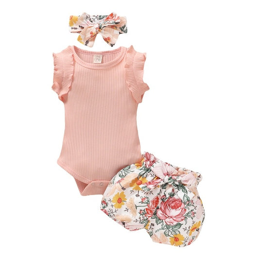 Baby Short Sleeve Romper Tops with Bow Shorts Set