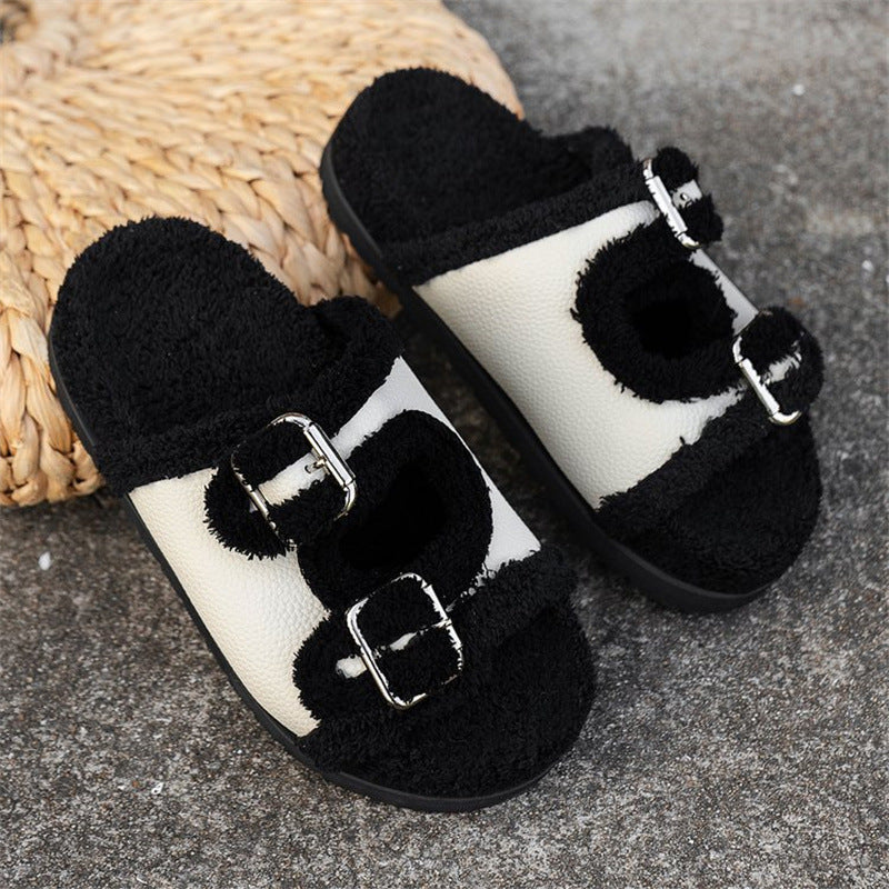 Autumn Winter Slipper Thick Sole Buckle Lamb Swool Slippers For Women Outdoor Gardern Indoor Lazy Plush Shoes