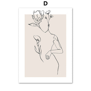Abstract Female Wall Art Canvas Floral Line Drawing Nordic Poster