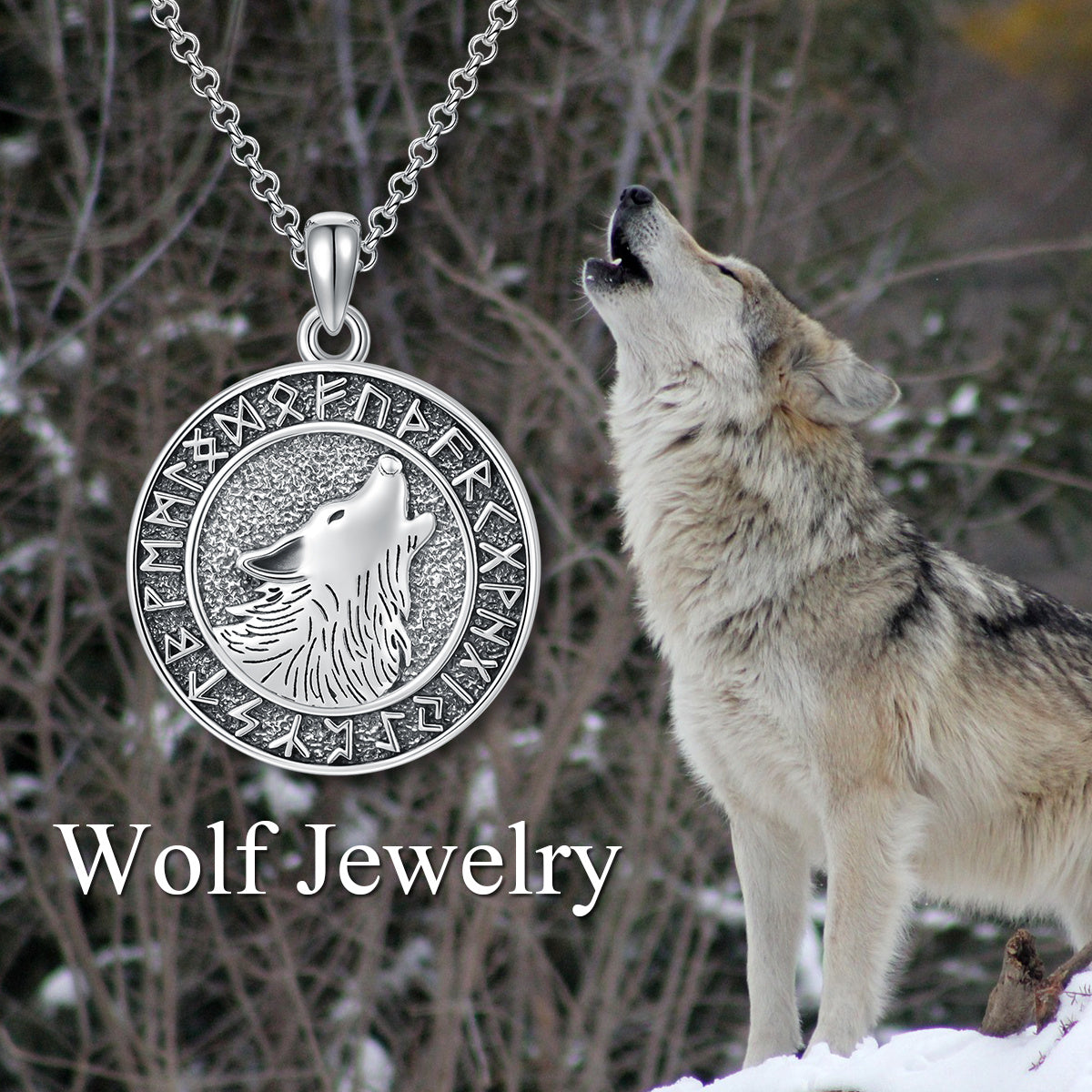 Wolf Necklace, Viking Runes Coin Wolf Pendant