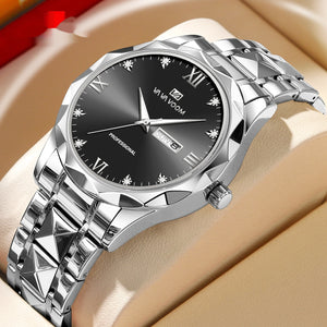 Men's Tungsten Steel Waterproof Quartz Double Calendar Watch