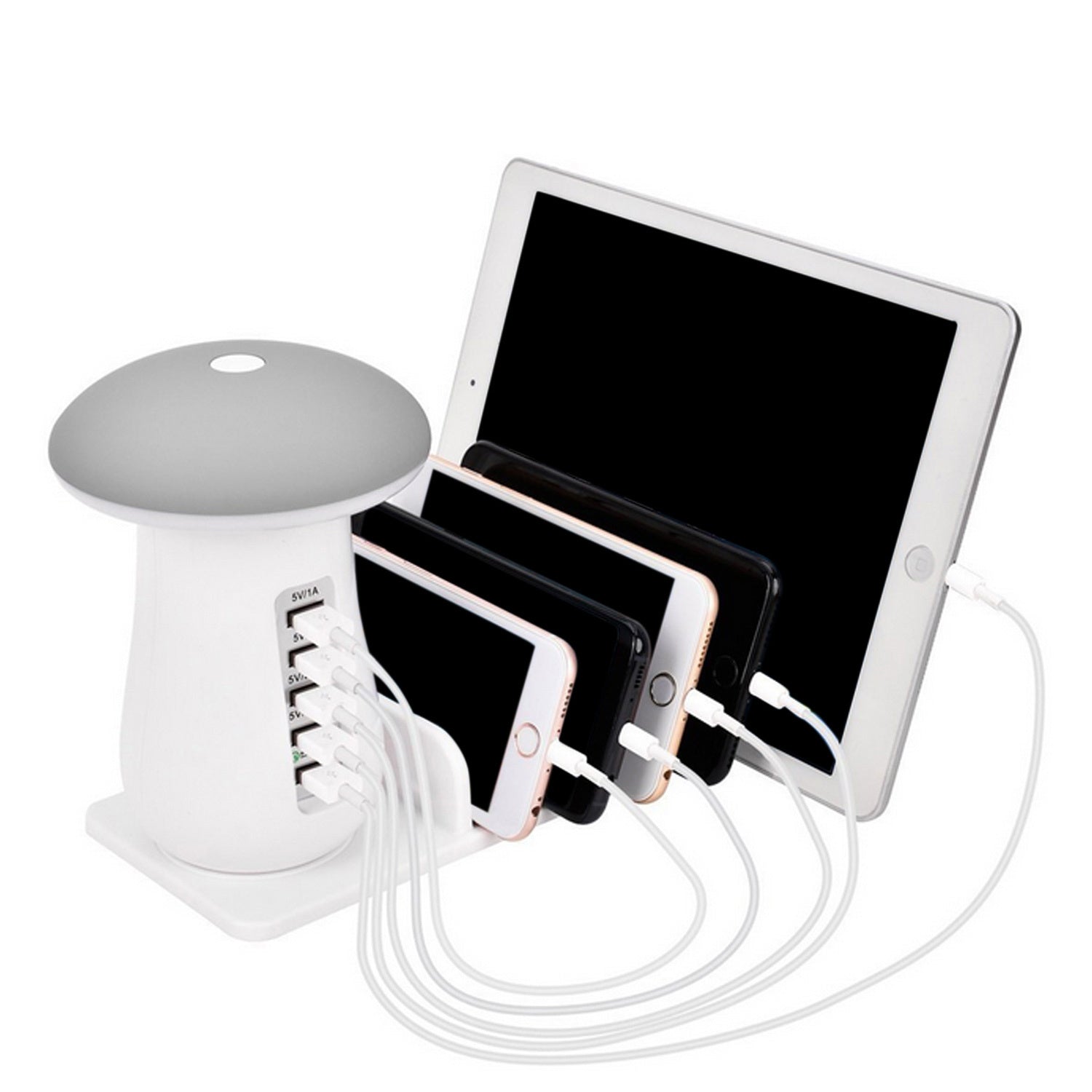 Soporte para gadgets 3 en 1, luz y cargador con 5 puertos USB