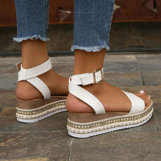 Sandalias de verano con hebilla y correa de cáñamo, cuñas, plataforma, zapatos con punta abierta para mujer