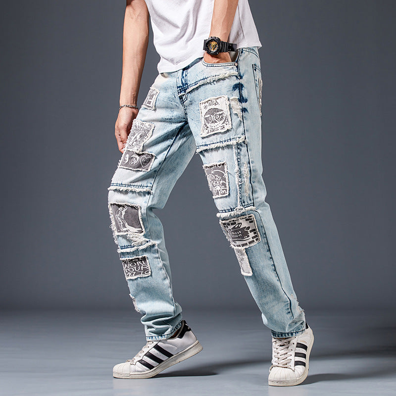 Men's Jeans With Vintage Effect and Patches