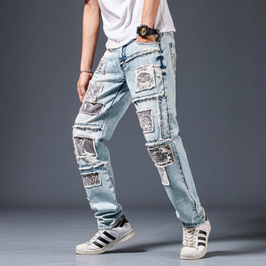 Men's Jeans With Vintage Effect and Patches