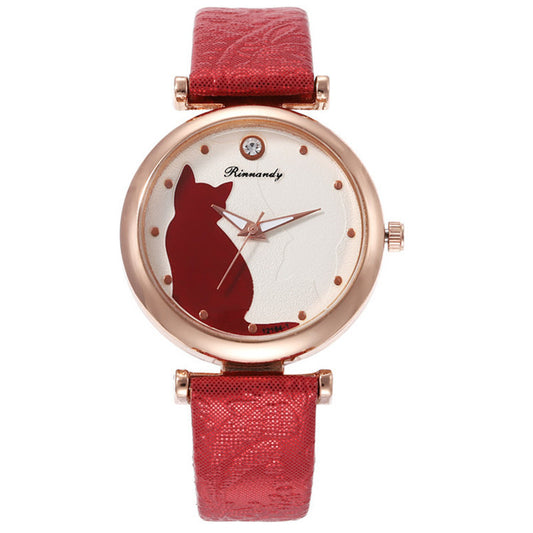 Reloj casual de cuarzo para mujer con un gato en la esfera