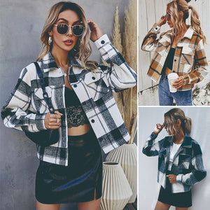 Women's Wool Plaid Short Cardigan