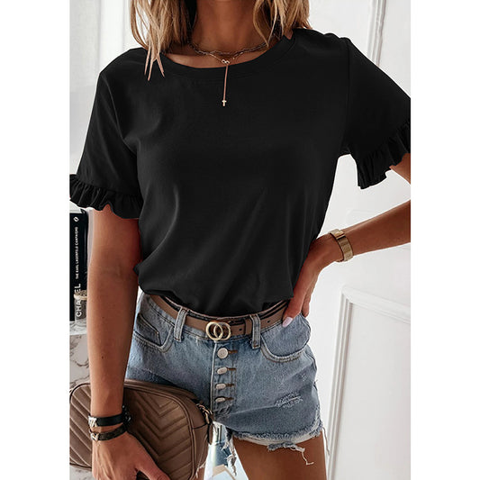 Women's T-shirt Round Neckline With Ruffles And Short Sleeves