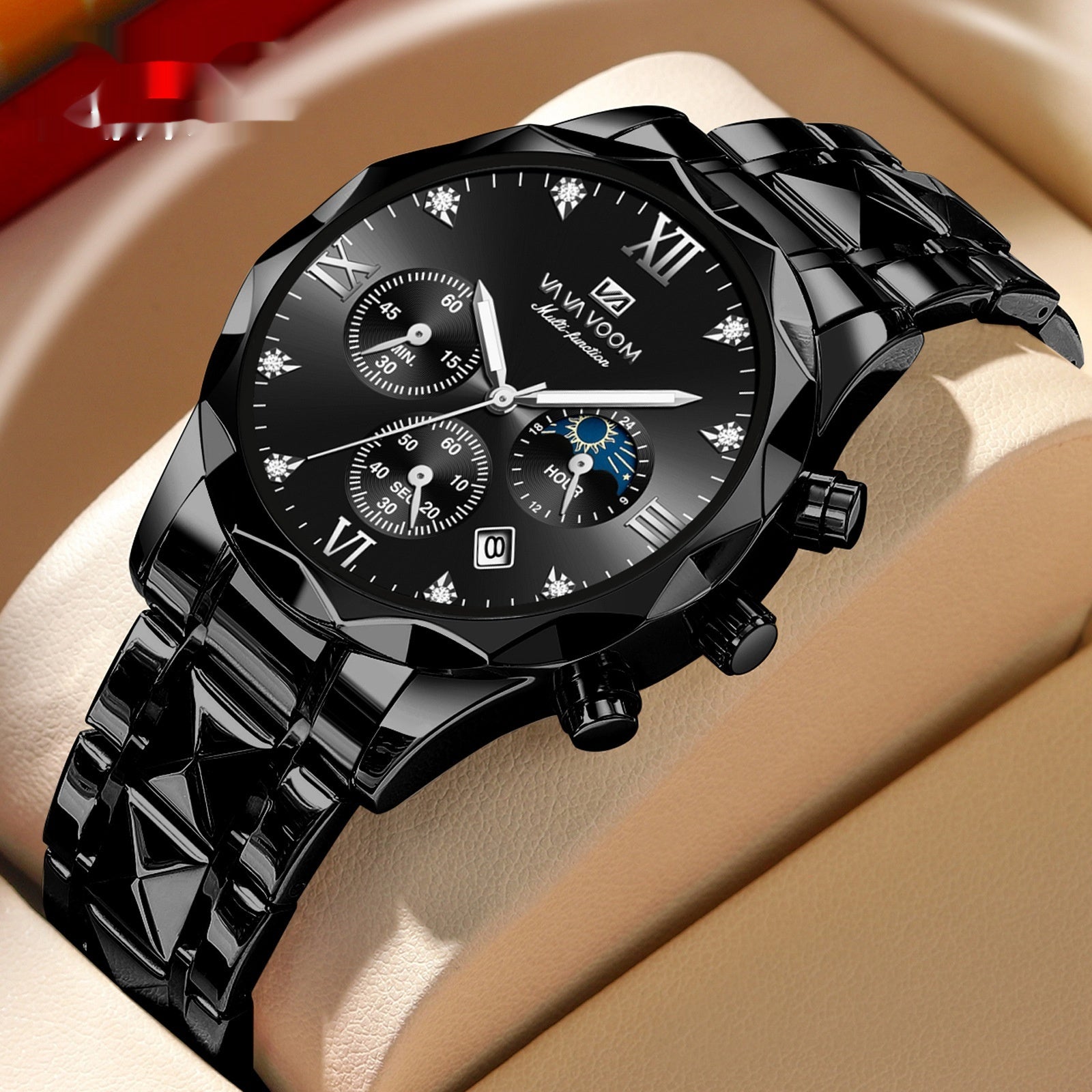 Men's Tungsten Steel Waterproof Quartz Double Calendar Watch