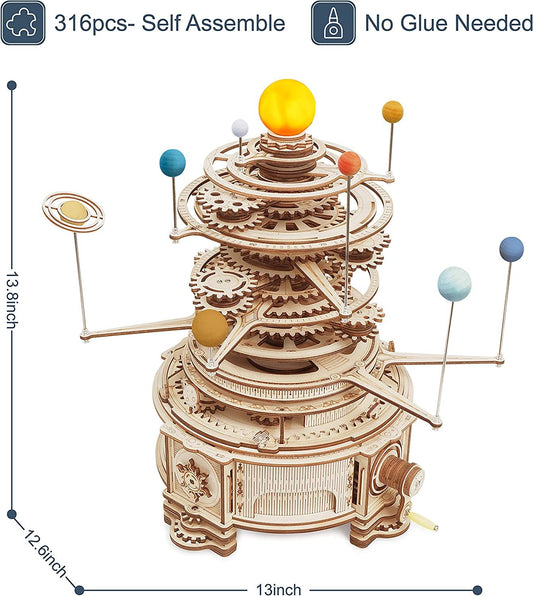 ROKR Rotatable Mechanical Orrery - 316 Piece 3D Wooden Puzzle Game, Model Building Kit, Great Gift for Children and Boys