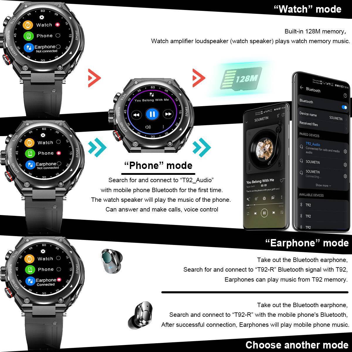 Men's Smart Watch with Bluetooth Headset and Sport Bracelet