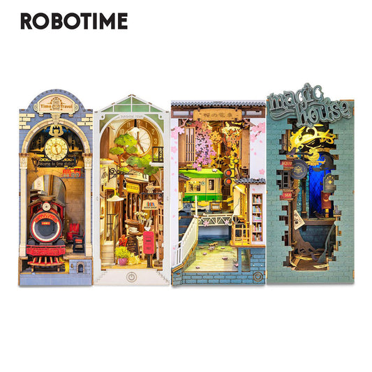 Robotime Rolife Book Nooks - DIY Wooden Miniature House with Furniture, Sakura Densya Theme, 4 Kinds of Stories in Books, TGB01