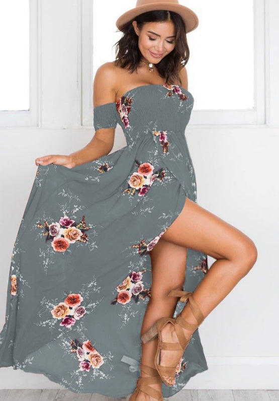 Women's boho-style floor-length dress with open shoulders