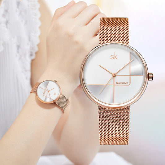 Simple Geometric Quartz Watch Mesh Strap Watch