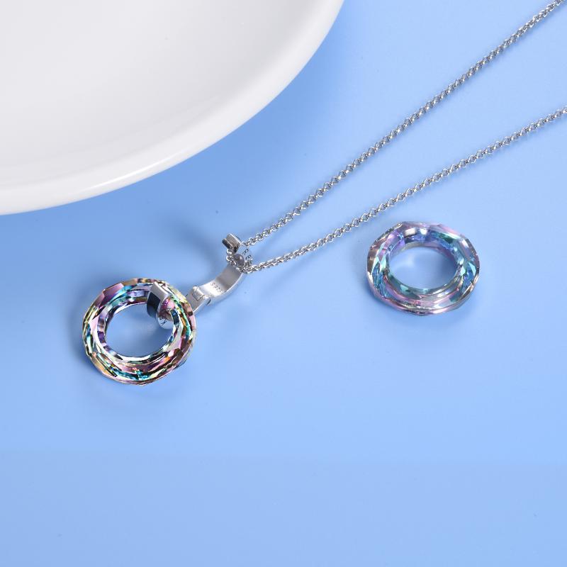 925 Silver Circle Crystal Pendant Necklace for Women Girls