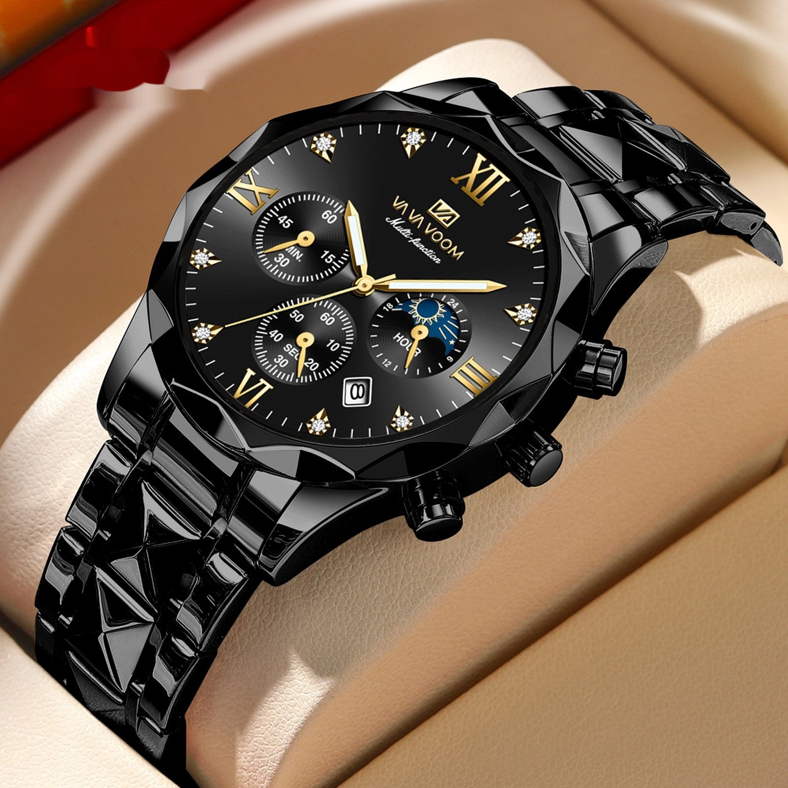 Men's Tungsten Steel Waterproof Quartz Double Calendar Watch