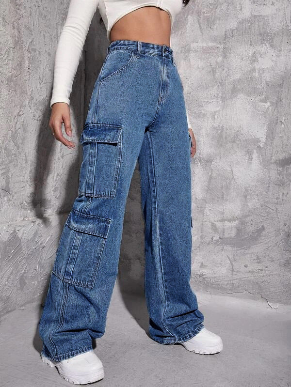 Women's Multi-Pockets Jeans Loose High Waist