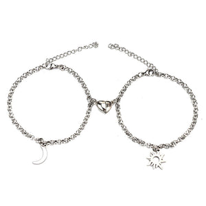 Stainless Steel Sun & Moon Bracelet: Magnetic Heart Charm