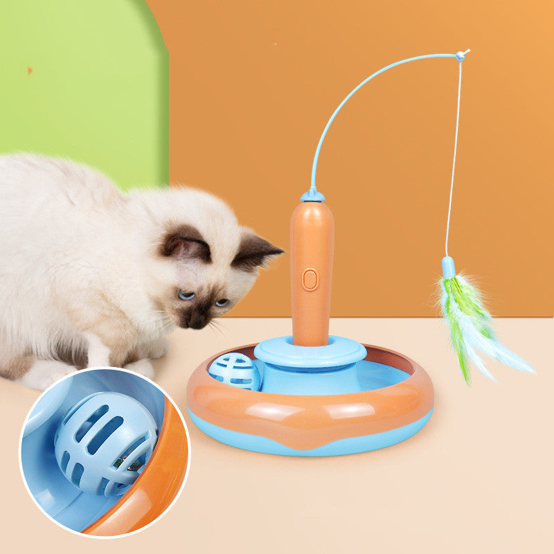 2-in-1 Self-Play Cat Toy with Feather - Turntable Toy for Cats