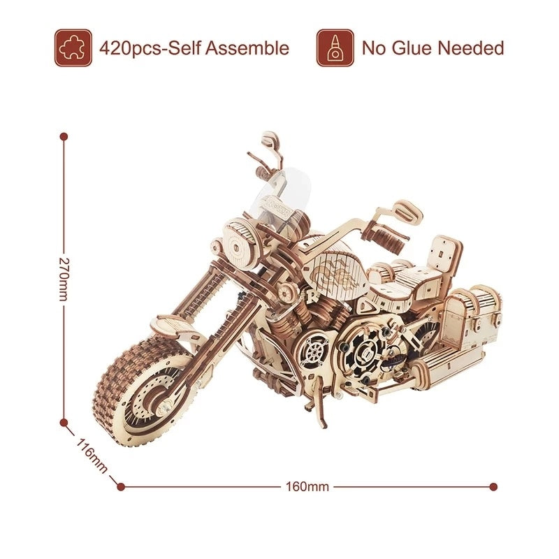Rokr Cruiser Motorcycle Wooden Model - DIY Building Kit, 420 Pieces, Funny Gift for Children and Adults