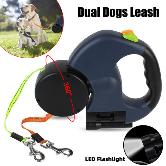 Reflective Retractable Dual Pet Leash for Small Dogs - 360° Swivel No Tangle Double Dog Walking Leash with Lights