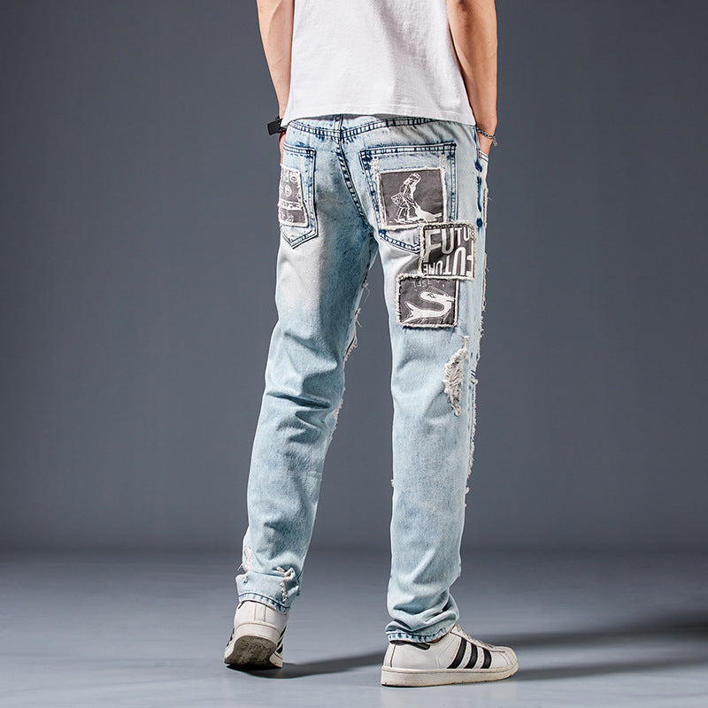 Men's Jeans With Vintage Effect and Patches