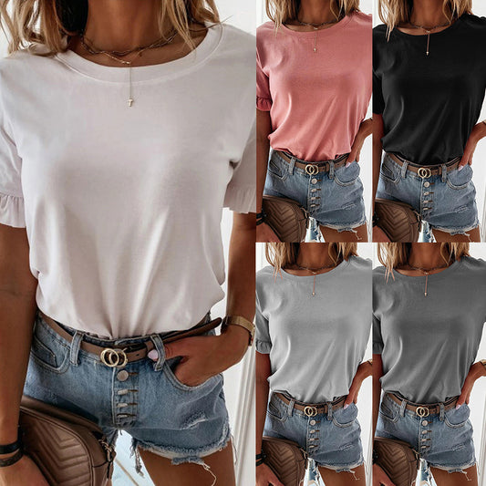 Women's T-shirt Round Neckline With Ruffles And Short Sleeves