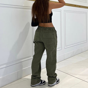 Women's Denim Straight Pants With High Waist and Multiple Pockets