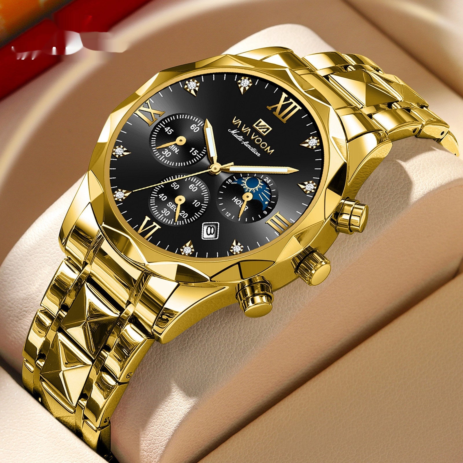 Men's Tungsten Steel Waterproof Quartz Double Calendar Watch