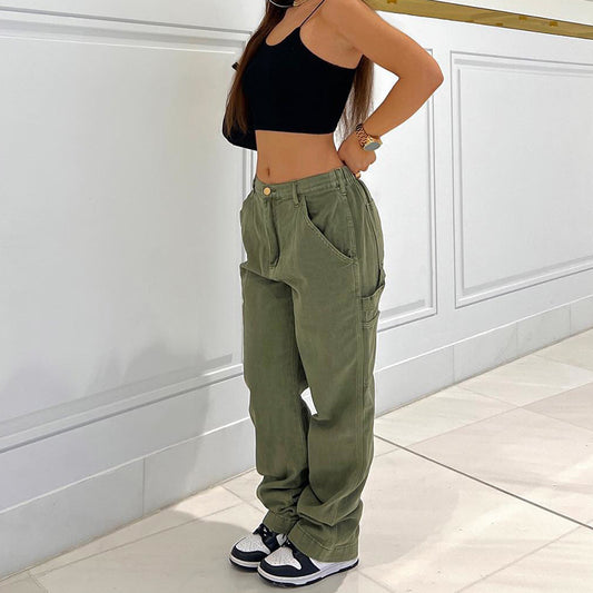 Pantalón recto de mezclilla para mujer con cintura alta y múltiples bolsillos