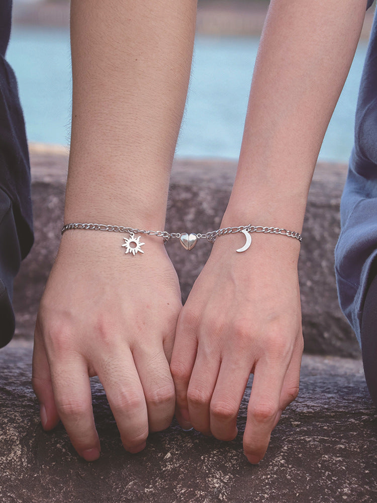 Stainless Steel Sun & Moon Bracelet: Magnetic Heart Charm