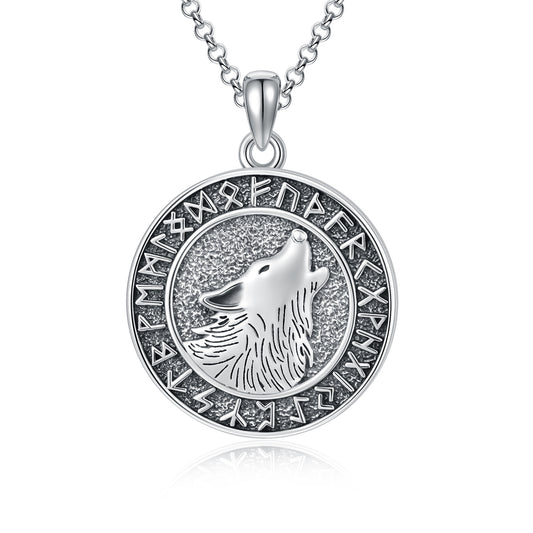 Wolf Necklace, Viking Runes Coin Wolf Pendant
