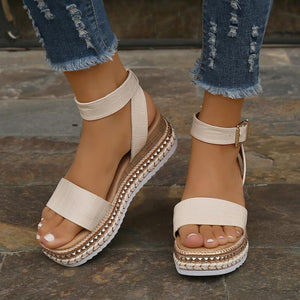Sandalias de verano con hebilla y correa de cáñamo, cuñas, plataforma, zapatos con punta abierta para mujer