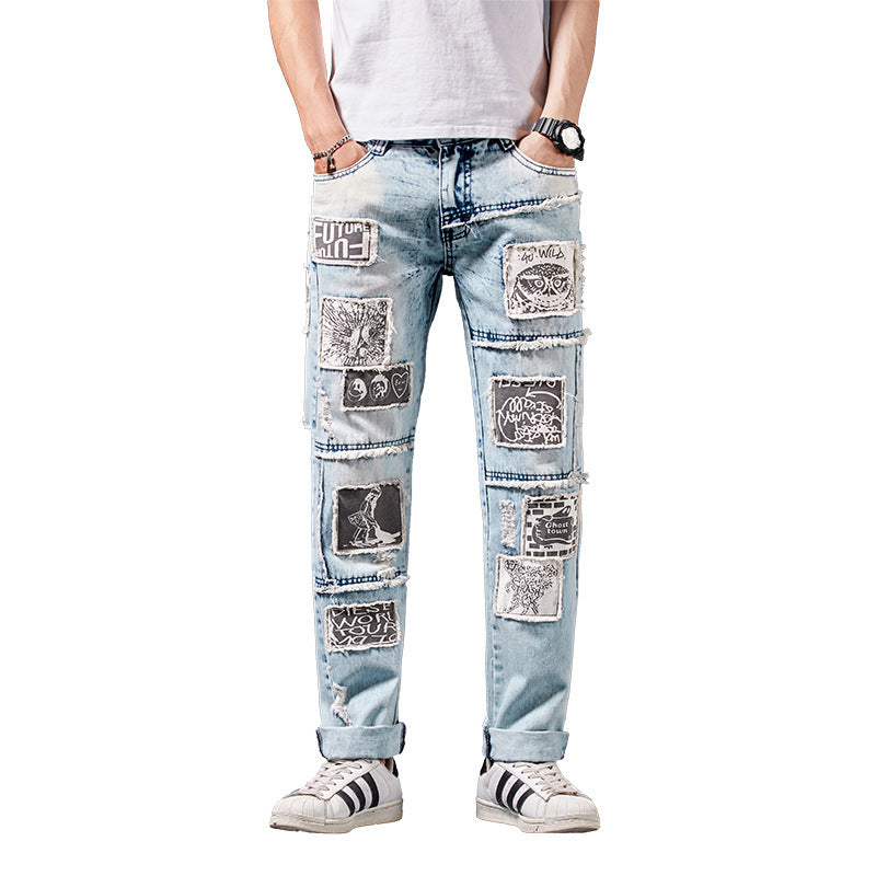 Men's Jeans With Vintage Effect and Patches